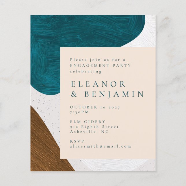 Budget Abstract Teal Gold Engagement Party Invite (Front)