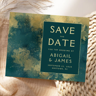 Budget Abstract Watercolor Teal Gold Save the Date