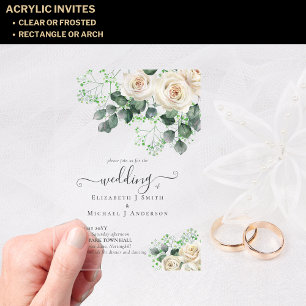 BUDGET Acrylic Clear Wedding White Roses Greenery Acrylic Invitations