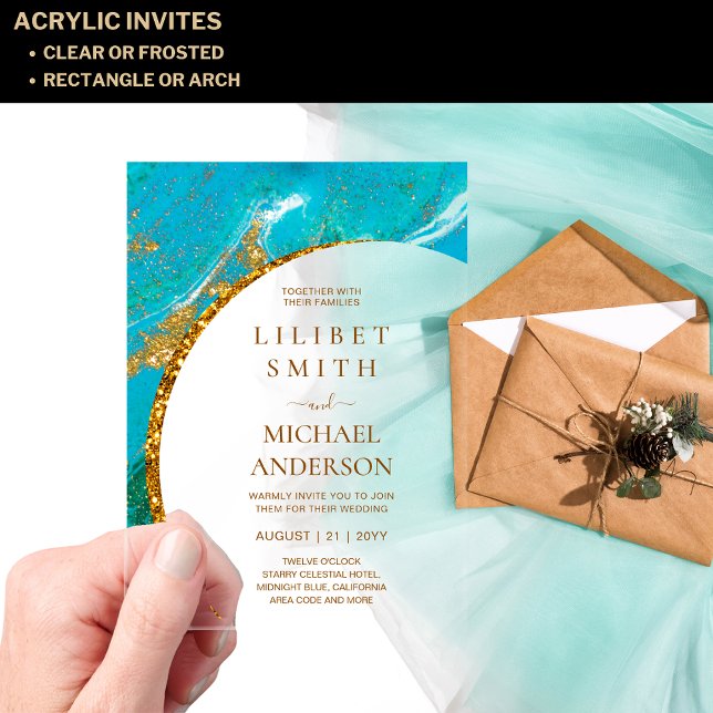 BUDGET Acrylic Wedding Turquoise Gold Teal Agate Acrylic Invitations (Creator Uploaded)