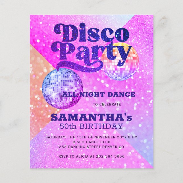 Budget adult birthday disco party paper invitation (Front)