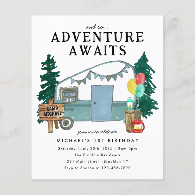 Budget Adventure Awaits Car Trees Camping Birthday (Front)