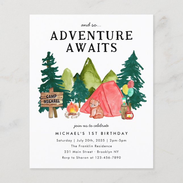Budget Adventure Awaits Tent Bear Camping Birthday (Front)
