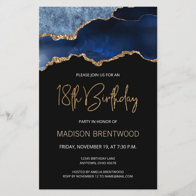 Budget Agate Blue Gold 18th Birthday Invite (Front)