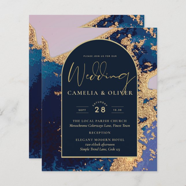 Budget Agate Blue Gold Wedding Invite QR Code RSVP (Front/Back)