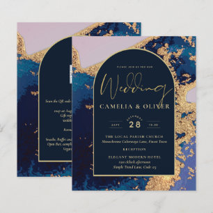 Budget Agate Blue Gold Wedding Invite QR Code RSVP