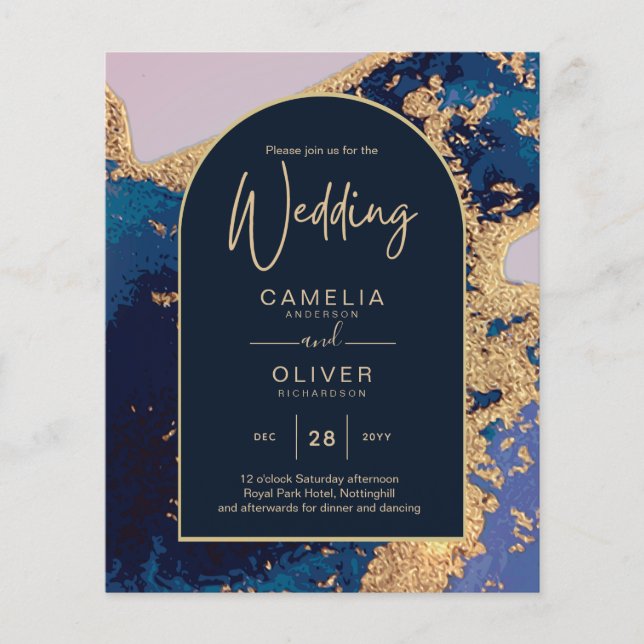 Budget Agate Blue Gold Wedding Invite QR Code RSVP Flyer (Front)