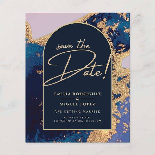 Budget Agate Blue Gold Wedding Save the Dates Flyer (Front)