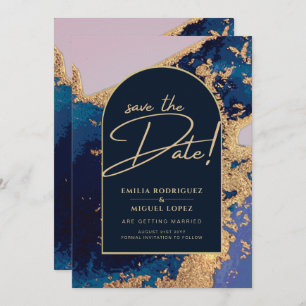 Budget Agate Blue Gold Wedding Save the Dates Invitation