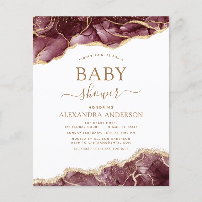 Budget Agate Burgundy Baby Shower Gold Invitation Flyer (Front)