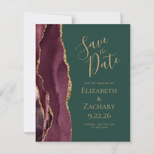 Budget Agate Burgundy Gold Green Save the Date (Front)