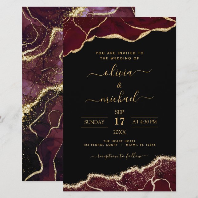 Budget Agate Burgundy Gold Wedding Invitation (Front/Back)
