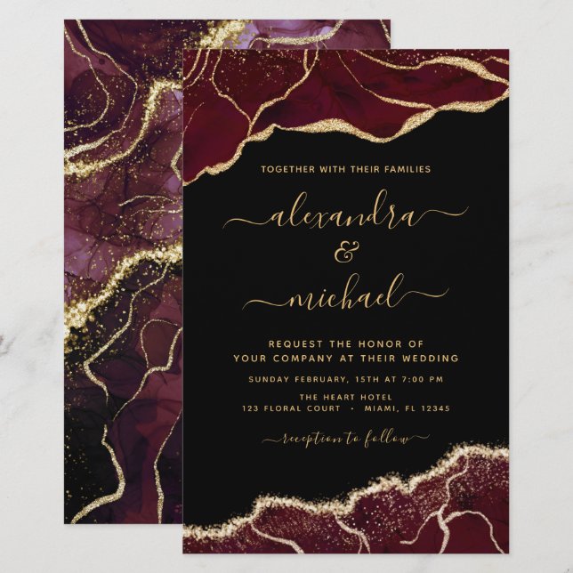 Budget Agate Burgundy Gold Wedding Invitation (Front/Back)