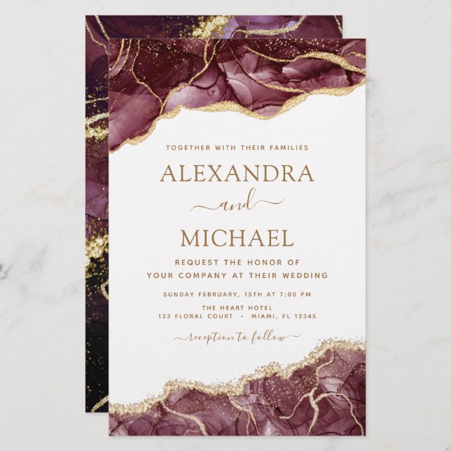 Budget Agate Burgundy Gold Wedding Invitation (Front/Back)