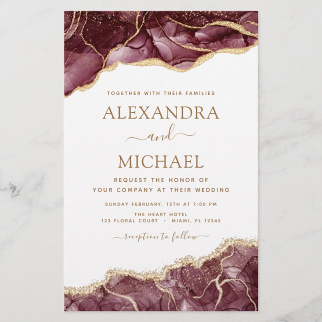 Budget Agate Burgundy Gold Wedding Invitation (Front)