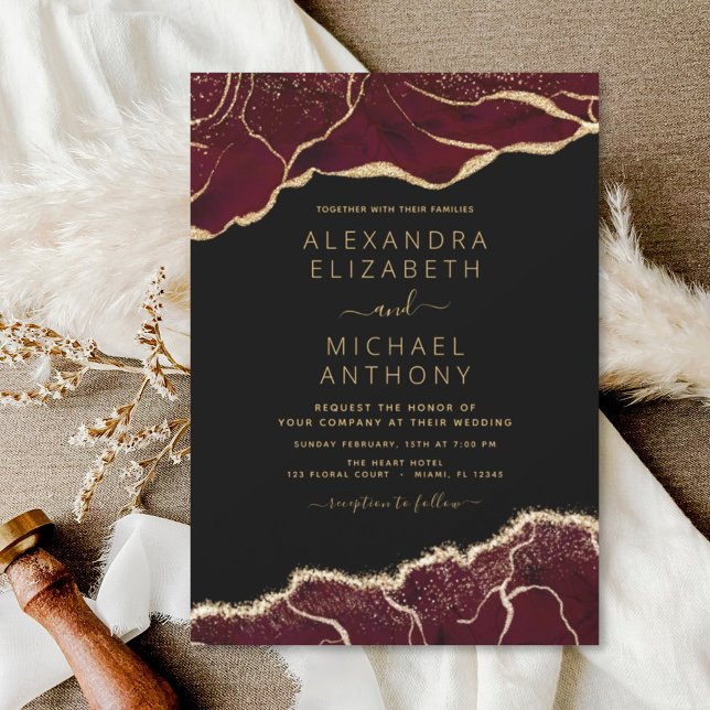Budget Agate Burgundy Gold Wedding Invitation (Creator Uploaded)