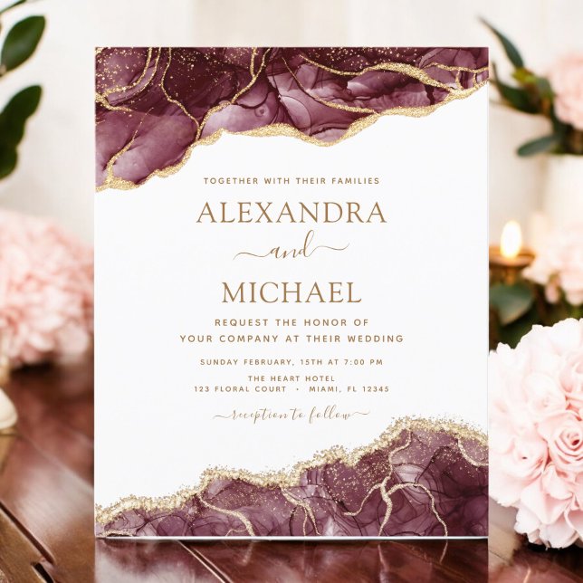 Budget Agate Burgundy Gold Wedding Invitation (Creator Uploaded)