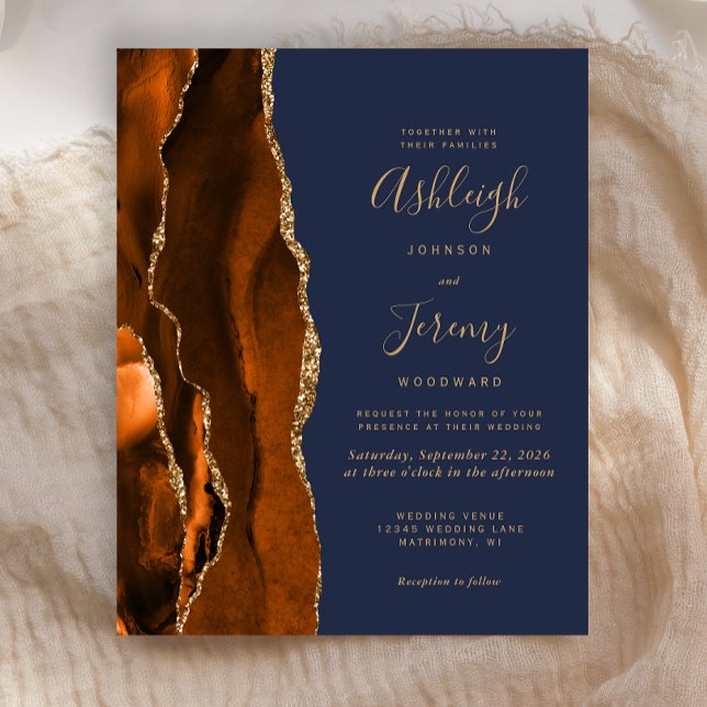 Budget Agate Burnt Orange Blue Wedding Invitation (Creator Uploaded)