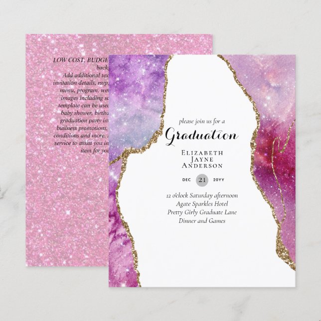 BUDGET Agate GRADUATION Party Invites Glitter Glam (Front/Back)