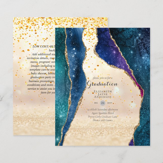 BUDGET Agate GRADUATION Party Invites Glitter Glam (Front/Back)