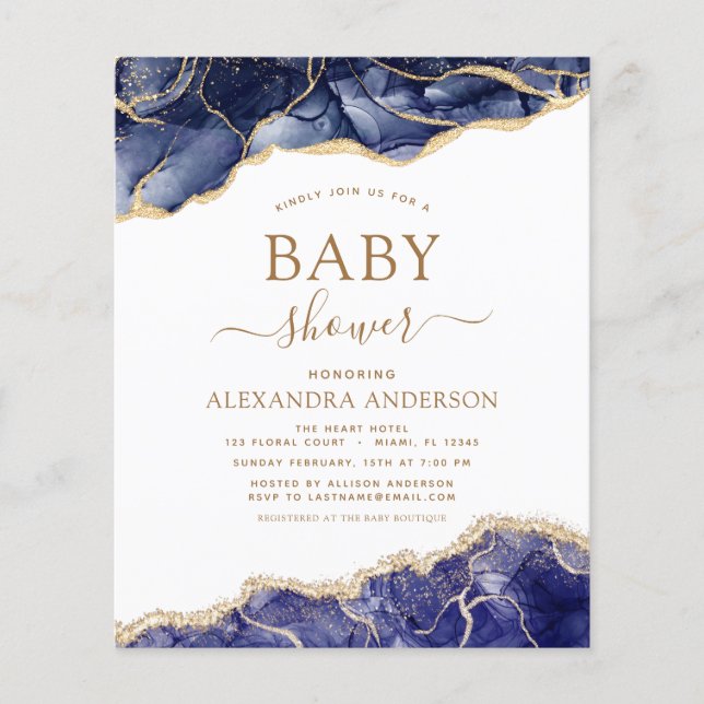 Budget Agate Navy Blue Gold Baby Shower Flyer (Front)