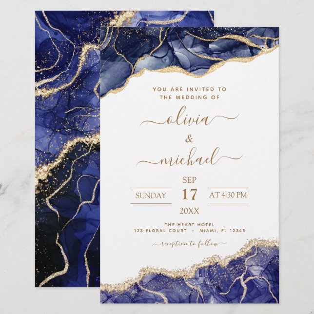 Budget Agate Navy Blue Gold Blue Wedding (Front/Back)