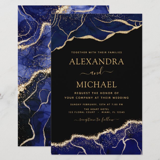 Budget Agate Navy Blue Gold Blue Wedding (Front/Back)