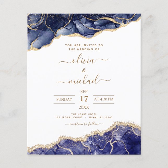 Budget Agate Navy Blue Gold Blue Wedding Flyer (Front)