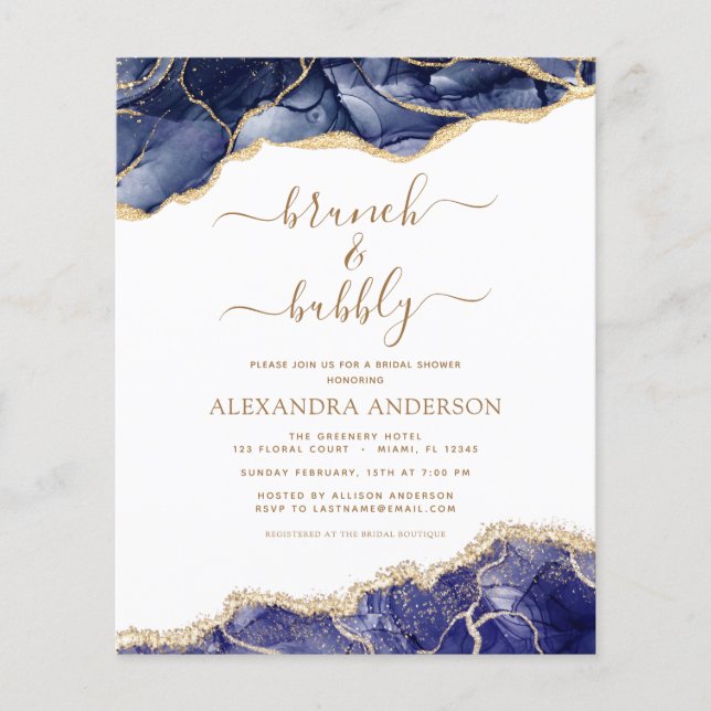 Budget Agate Navy Blue Gold Brunch & Bubbly Flyer (Front)