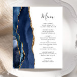 Budget Agate Navy Blue Gold Wedding Menu<br><div class="desc">The left-hand edge of this elegant modern wedding menu features a navy blue watercolor agate border trimmed with faux gold glitter. The customisable text combines handwriting script and copperplate fonts in charcoal grey on a white background. The reverse side features a matching navy blue and gold agate design.</div>