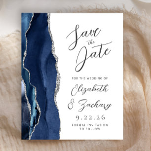 Budget Agate Navy Blue Silver Script Save the Date