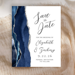 Budget Agate Navy Blue Silver Script Save the Date