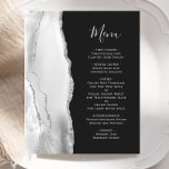 Budget Agate Silver Gray Slate Black Wedding Menu<br><div class="desc">The left-hand edge of this elegant modern wedding menu features a gray and white watercolor agate border trimmed with faux silver glitter. The customizable text combines whimsical silver gray handwriting script and copperplate fonts on a slate black background. The reverse side features a matching gray and silver agate design.</div>