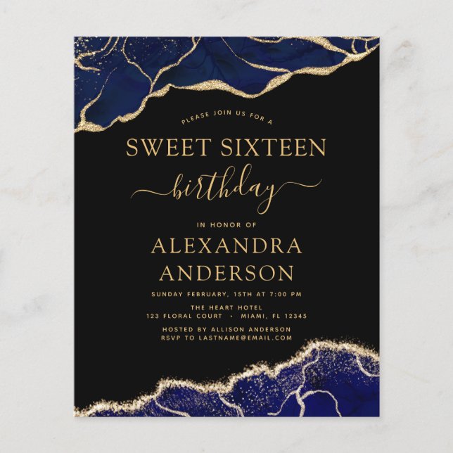 Budget Agate Sweet 16  Navy Blue Gold Flyer (Front)
