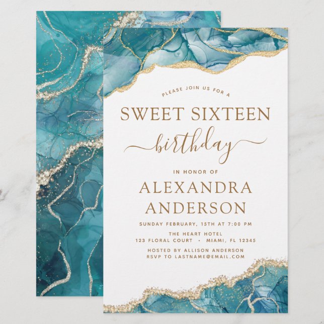 Budget Agate Sweet 16 Teal Gold Invitation (Front/Back)
