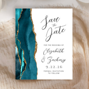 Budget Agate Teal Blue Gold Script Save the Date