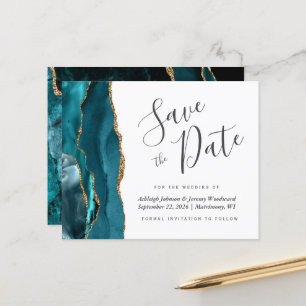 Budget Agate Teal Blue Gold Wedding Save the Date