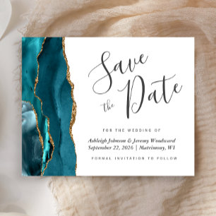Budget Agate Teal Blue Gold Wedding Save the Date