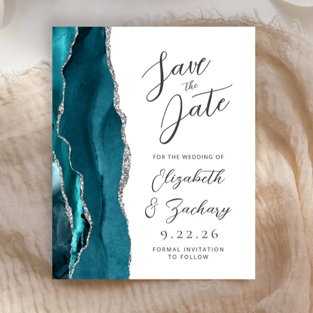 Budget Agate Teal Blue Silver Script Save the Date (Creator Uploaded)