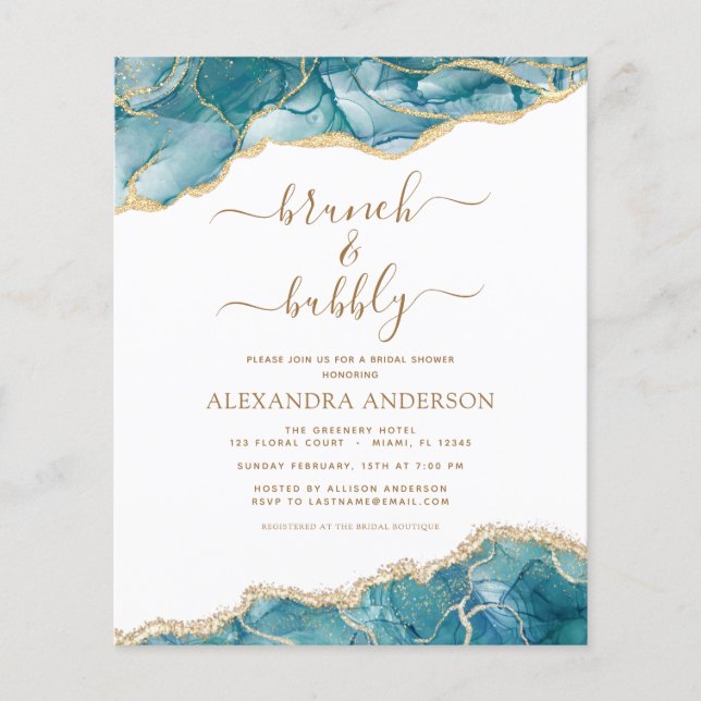 Budget Agate Teal Brunch & Bubbly Bridal Shower Flyer (Front)