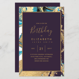 BUDGET Agate Teal Turquoise Gold Birthday Invite