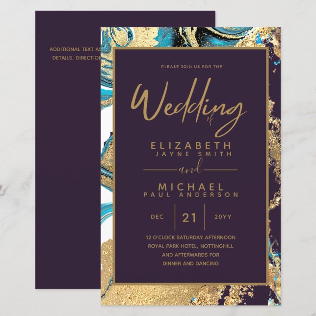 BUDGET Agate Teal Turquoise Gold Wedding Invite (Front/Back)