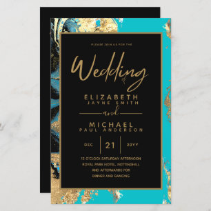 BUDGET Agate Teal Turquoise Gold Wedding Invite