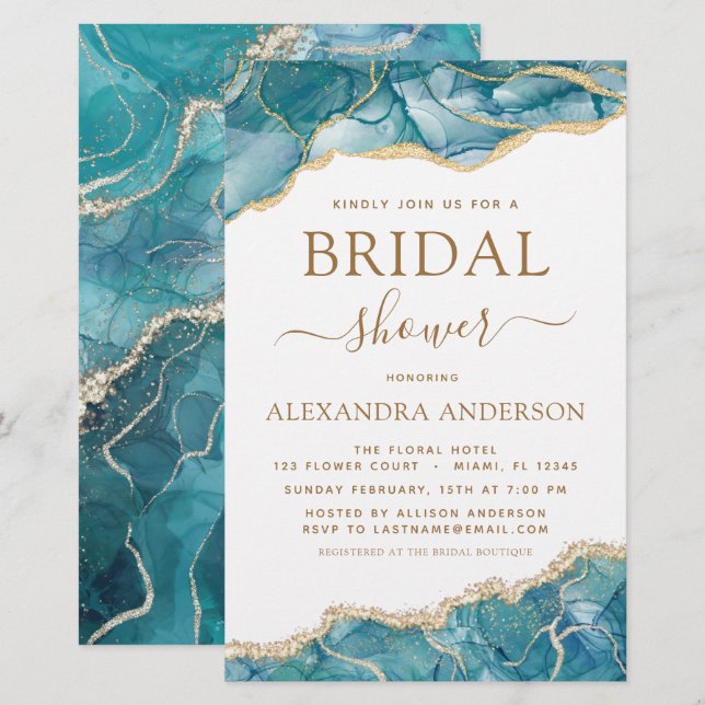 Budget Agate Turquoise Bridal Shower Teal Gold  (Front/Back)