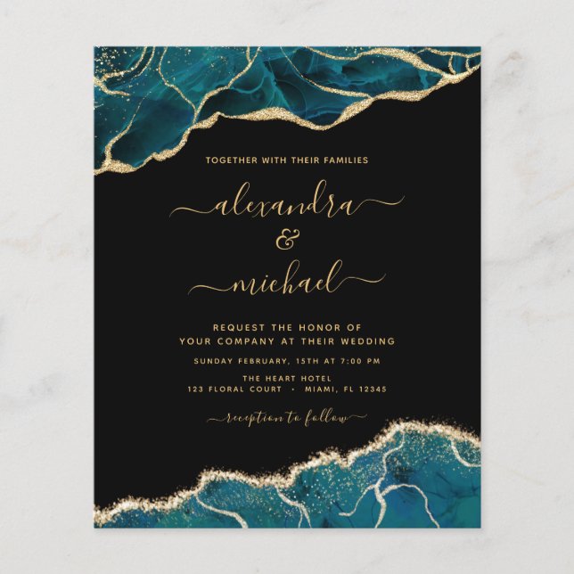 Budget Agate Turquoise Teal Gold Wedding Flyer (Front)