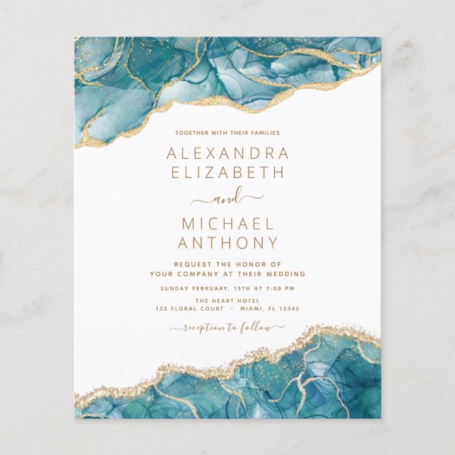 Budget Agate Turquoise Teal Gold Wedding Flyer (Front)