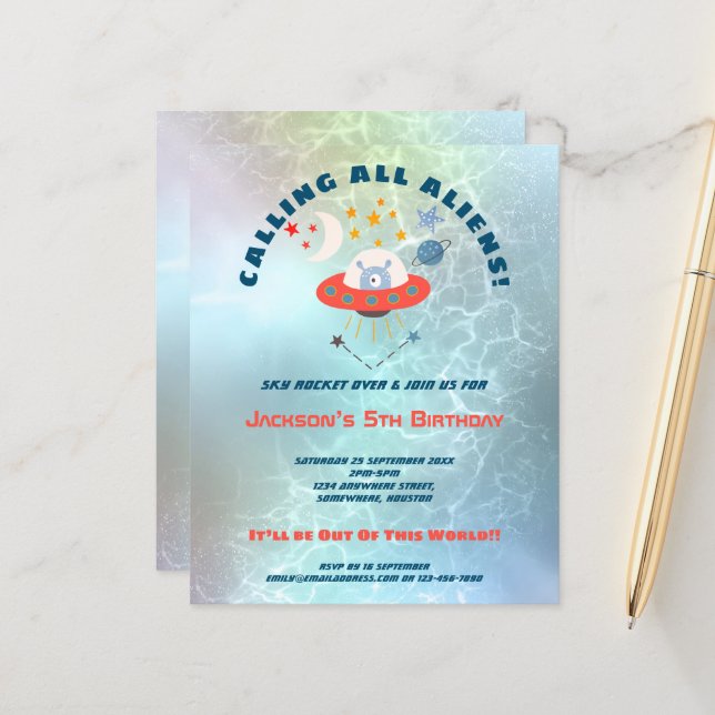 Budget Aliens 5th Birthday party Invitation (Front/Back In Situ)