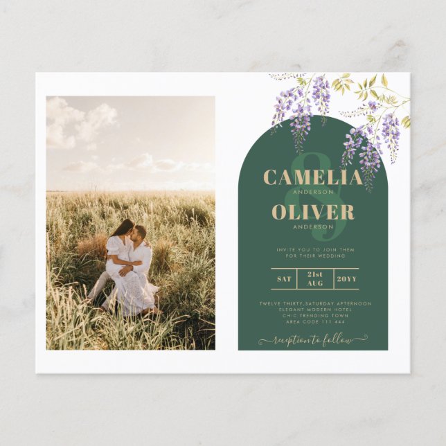 Budget All-in1 PHOTO Wedding Wisteria QR Code INV Flyer (Front)