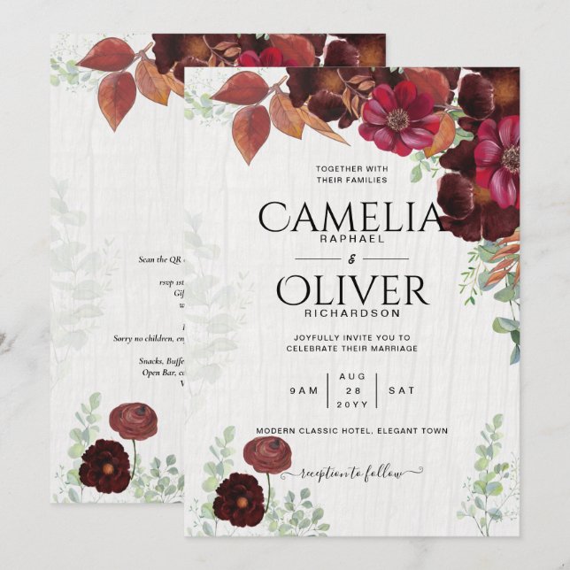 BUDGET All-in1 Rustic Fall Maroon Burgundy Wedding Invitation (Front/Back)