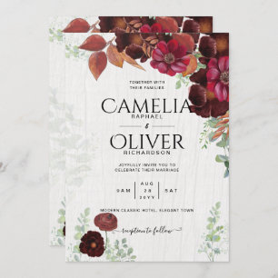 BUDGET All-in1 Rustic Fall Maroon Burgundy Wedding Invitation